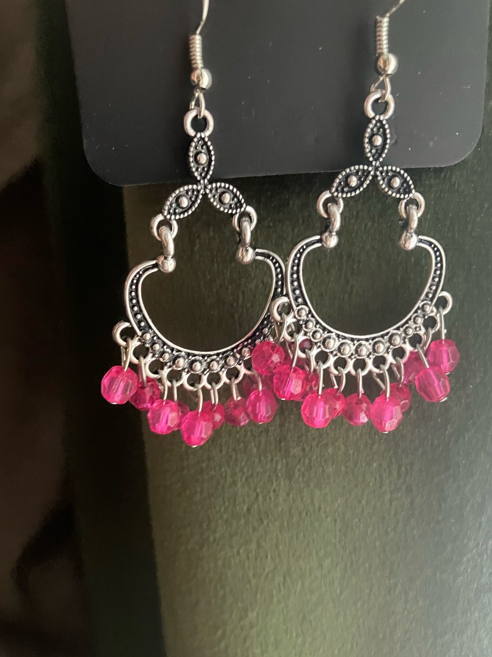Pink crystal rhinestone silver chandelier earrings